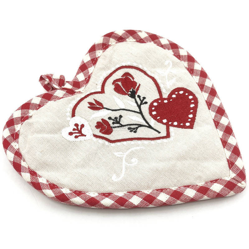 Beige and Vichy Embroidered Heart and Flowers Kitchen Potholder