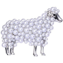 Silberne Fantasiebrosche Schaf mit Perlen und Strass