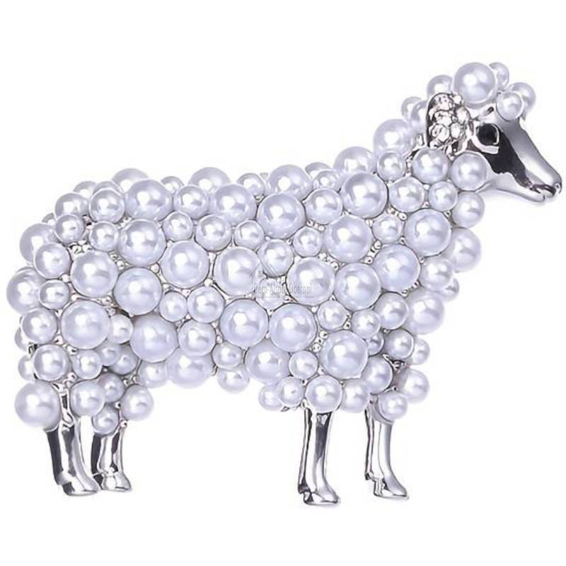 Silberne Fantasiebrosche Schaf mit Perlen und Strass