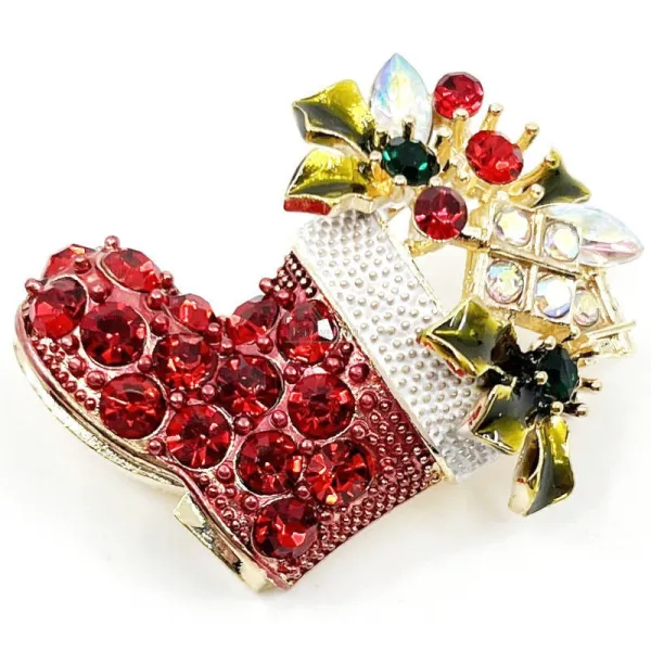 Broche Fantaisie dorée Botte de Noël garnie de Strass