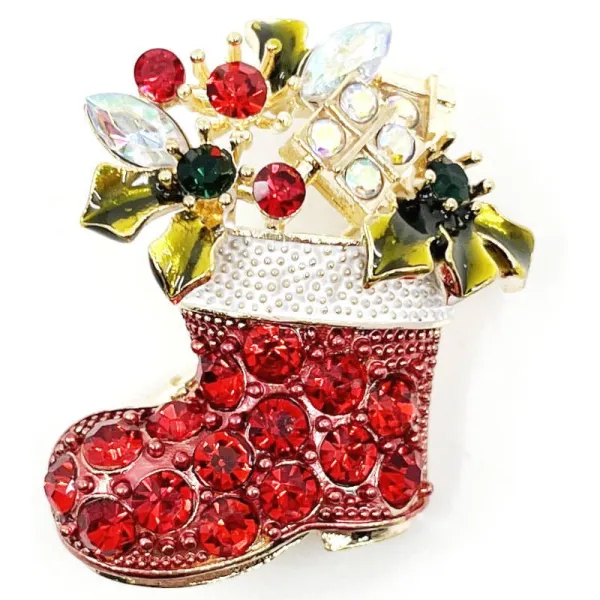 Fantasy gold brooch Christmas boot with rhinestones