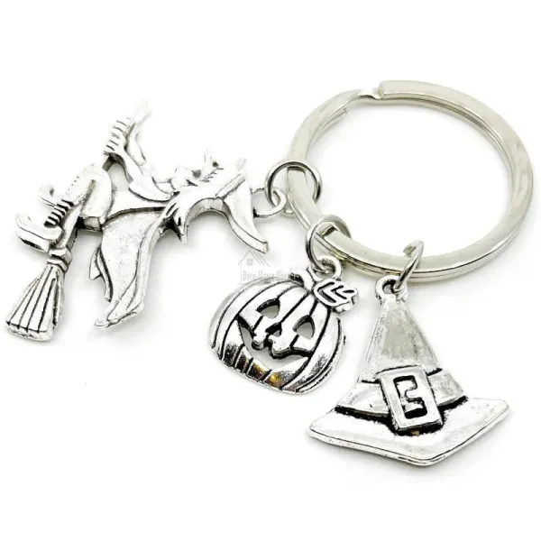Halloween Keyring with Witch, Pumpkin and Hat charms