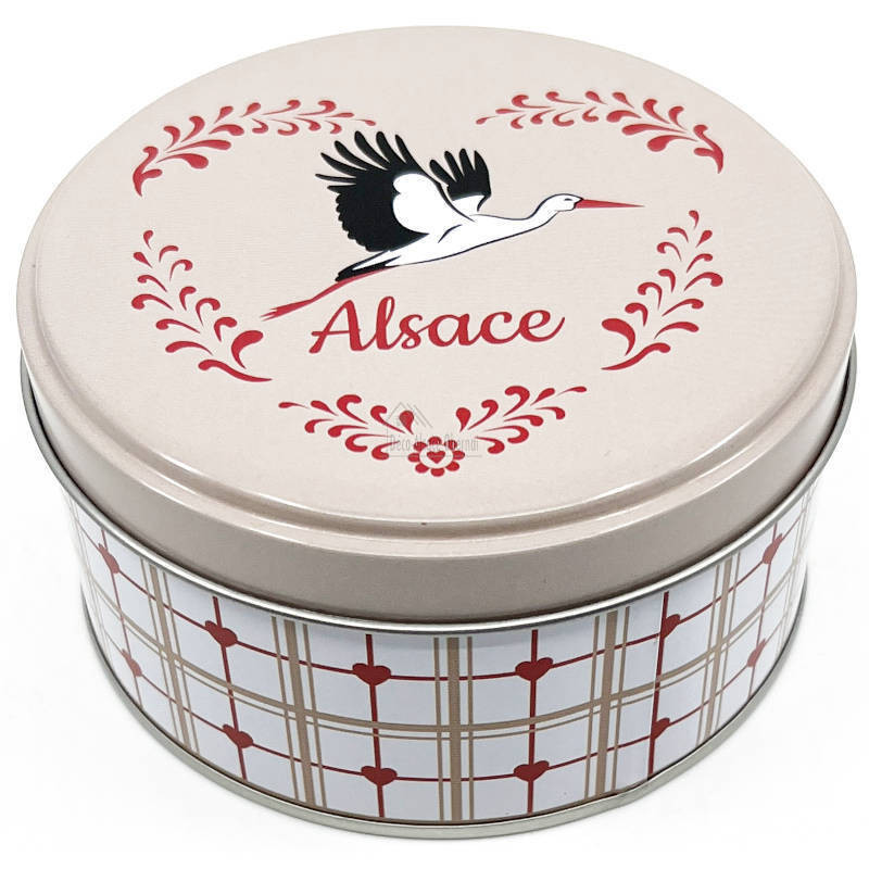 10 cm round metal tin Alsace stork design