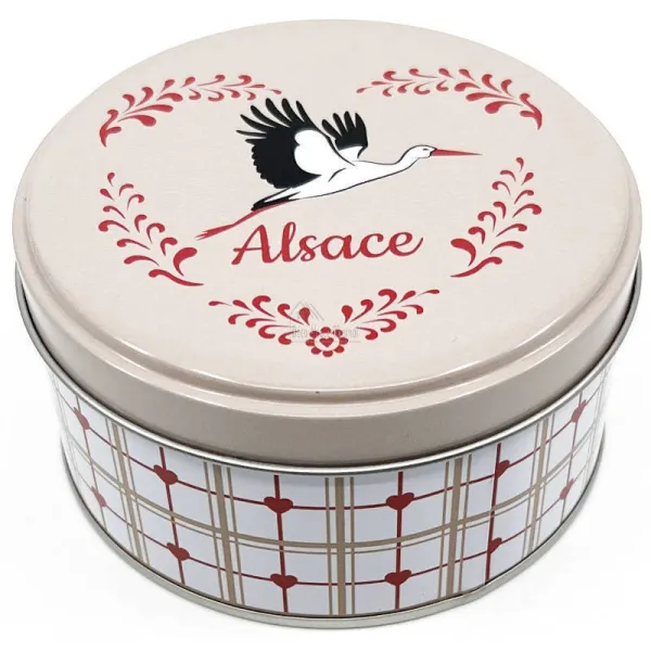 Boite en métal ronde 10 cm décor Cigogne d'Alsace