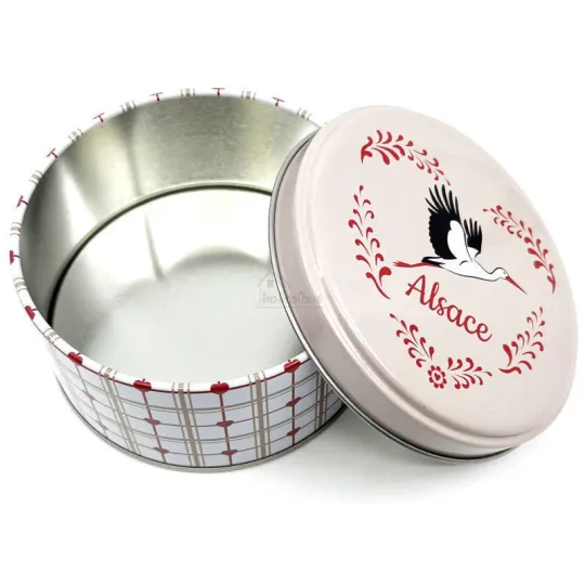 Ronde metalen doos 10 cm met decoratie Ooievaar Elzas