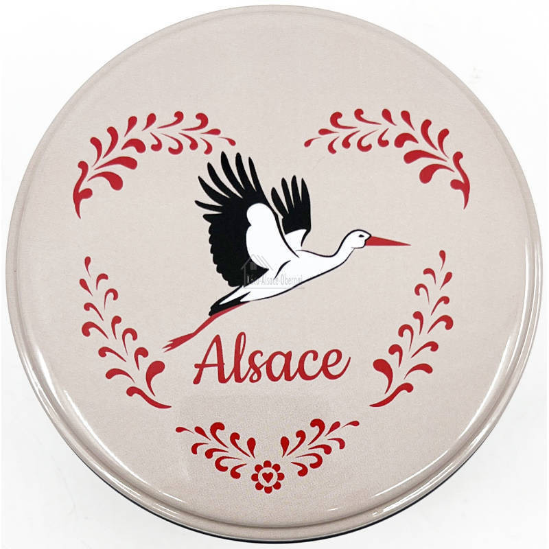 10 cm round metal tin Alsace stork design