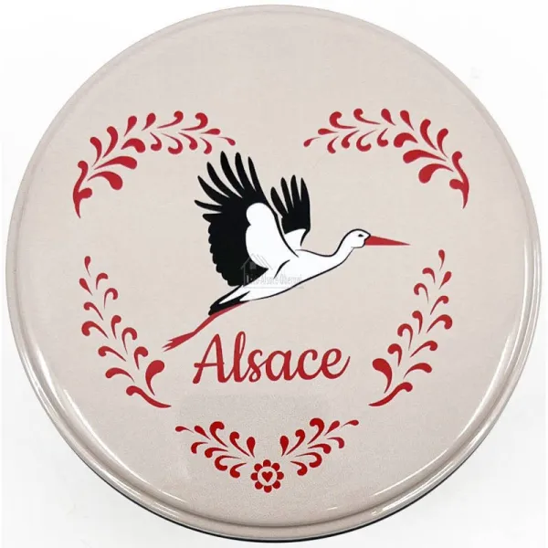 Boite en métal ronde 10 cm décor Cigogne d'Alsace