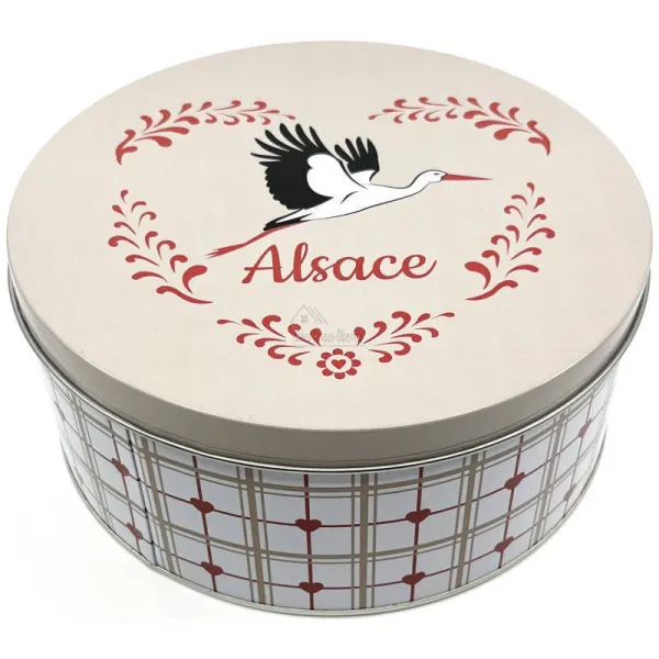 Boite en métal ronde 18,5 cm décor Cigogne d'Alsace