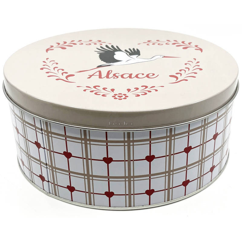 18.5 cm round metal tin Alsace stork design