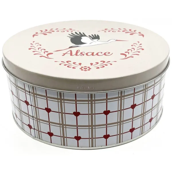 Boite en métal ronde 18,5 cm décor Cigogne d'Alsace