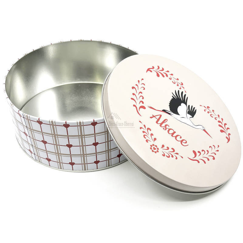 18.5 cm round metal tin Alsace stork design