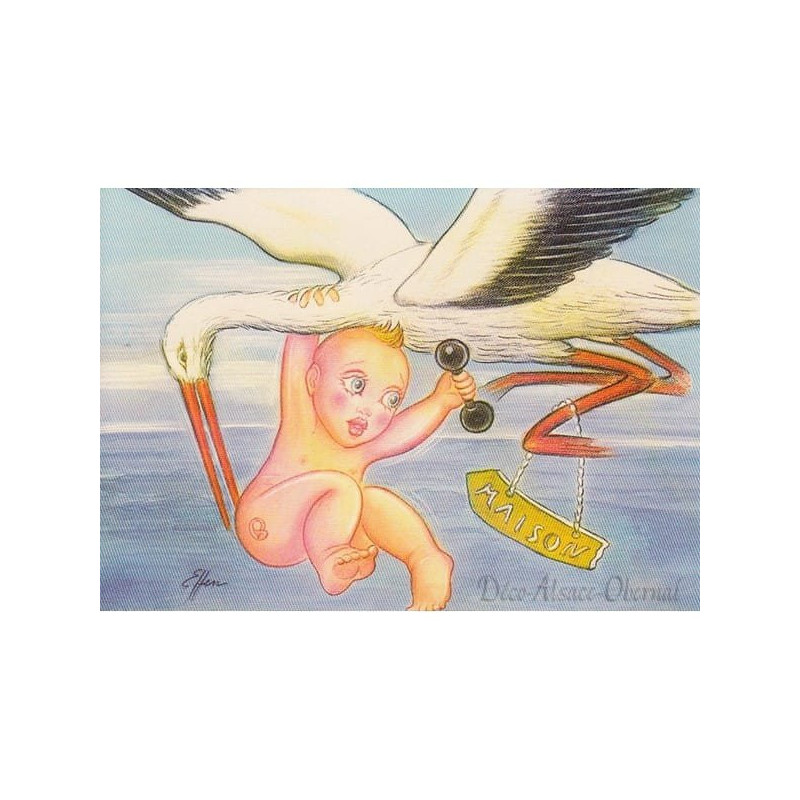 Carte Postale Bébé porté par une Cigogne