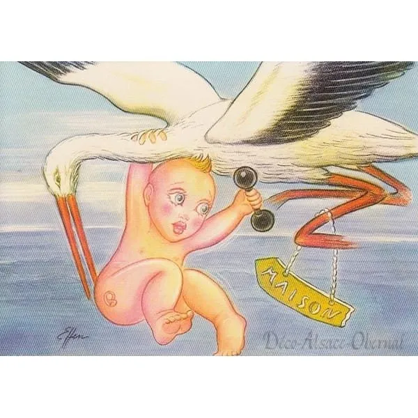Carte Postale Bébé porté par une Cigogne
