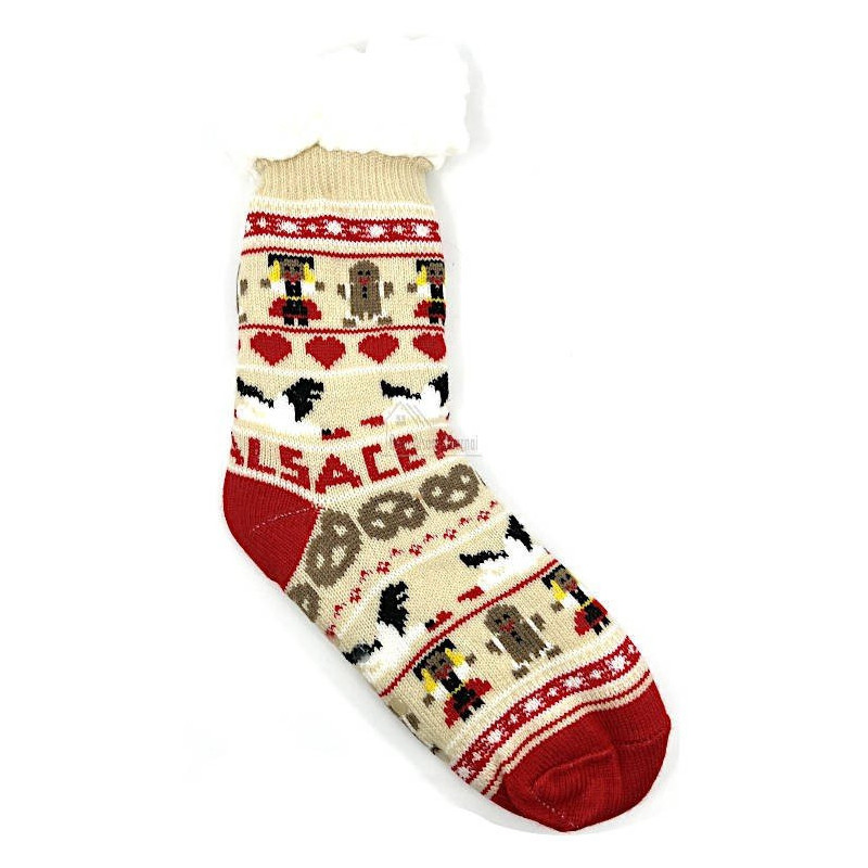 Gefütterte Hausschuhsocken mit Elsass-Dekor und Störchen Größe L