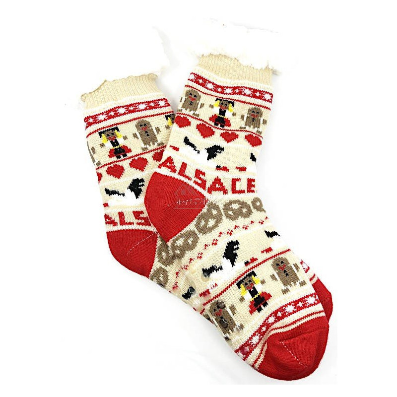 Gefütterte Hausschuhsocken mit Elsass-Dekor und Störchen Größe L