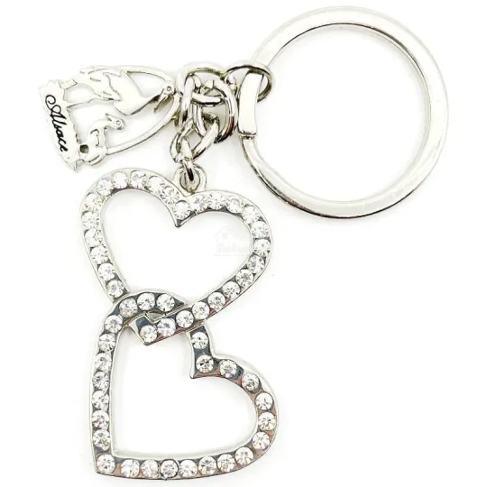 Porte Clé métal double Coeur Alsace avec Strass
