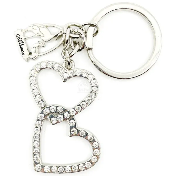 Porte Clé métal double Coeur Alsace avec Strass