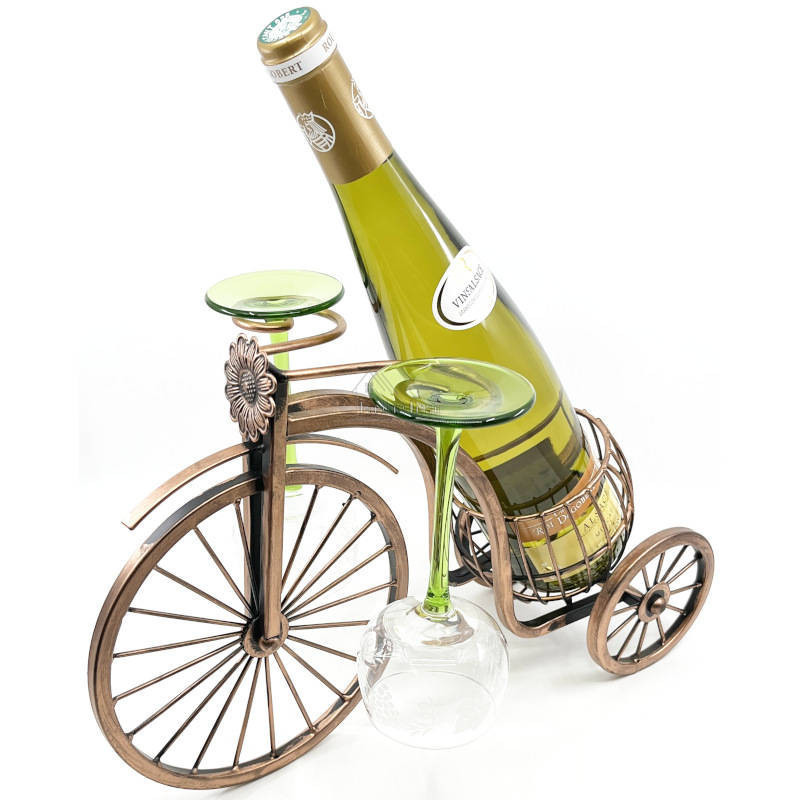 Bicycle Wine Rack with Bottle and 2 Metal Glasses