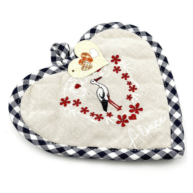 Blue Vichy Kitchen Potholder with Stork and Hearts