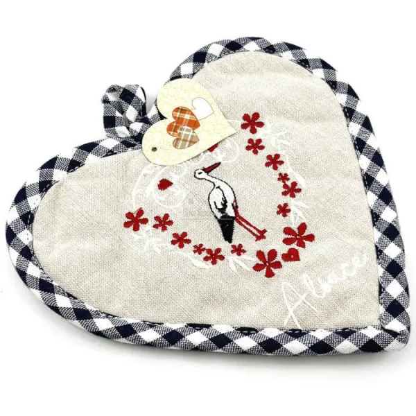 Topflappen aus blauem Vichy-Karo mit besticktem Storch und Herzen