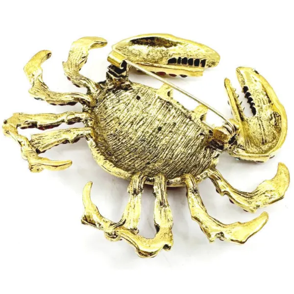 Fancy gold-plated Crab brooch with rhinestones