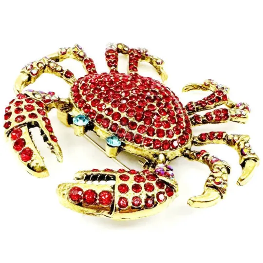 Gouden Fantasiebroche Rode Krab met Strass