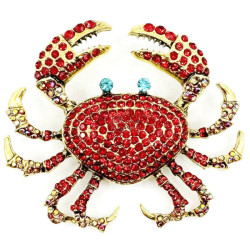 Goldfarbene Fantasiebrosche Rote Krabbe mit Strasssteinen