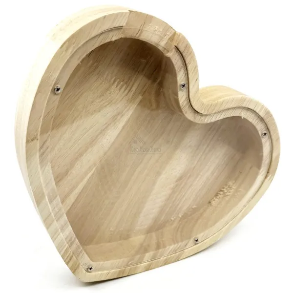 Heart-shaped money box in natural wood