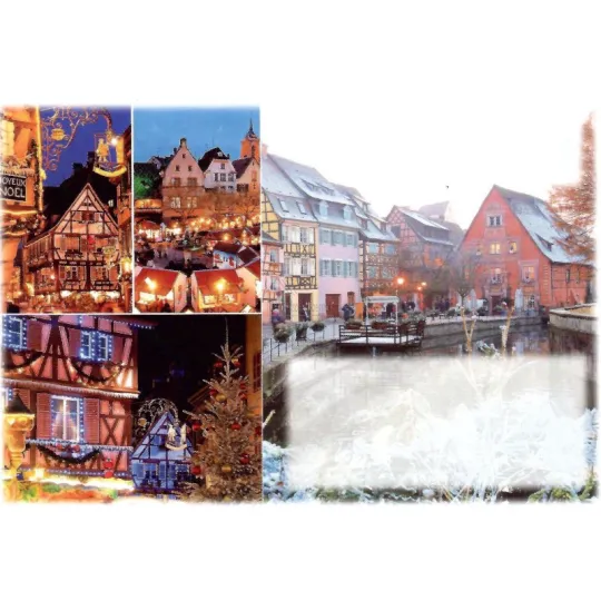 Enveloppe décoré Marché de Noël et Maisons illuminés d'Alsace