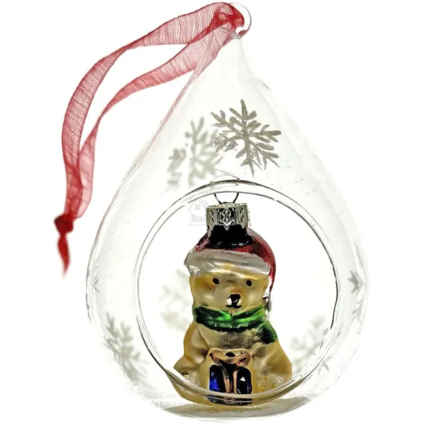 Transparent glass Christmas bauble with teddy bear