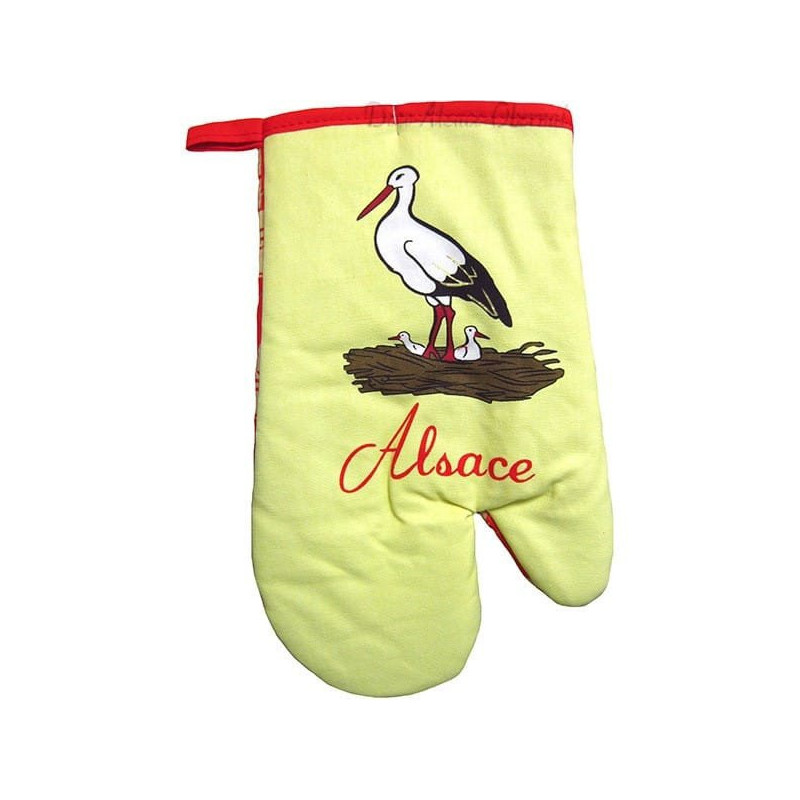 Set of yellow kitchen glove and pot holder with Stork and Alsace decor