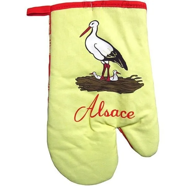 Set of yellow kitchen glove and pot holder with Stork and Alsace decor