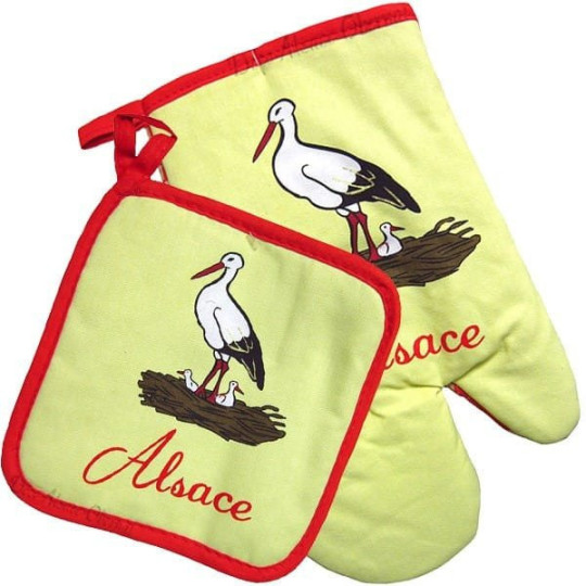 Set of yellow kitchen glove and pot holder with Stork and Alsace decor