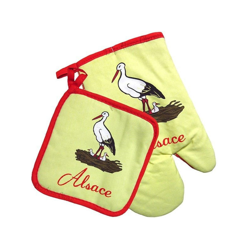 Set of yellow kitchen glove and pot holder with Stork and Alsace decor