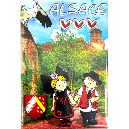 Magnet Décoratif Couple d'Alsacien avec Cigogne Alsace
