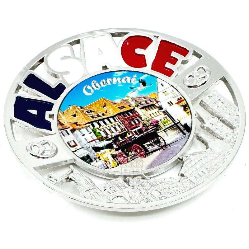Decorative round metal magnet the Market Square of the City of Obernai