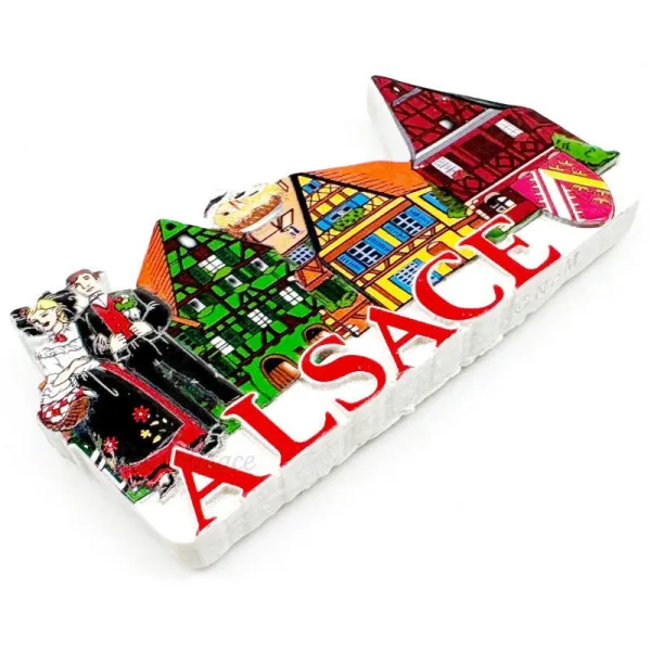 Decorative Magnet in relief Alsatian Couple and Colorful Village of Alsace
