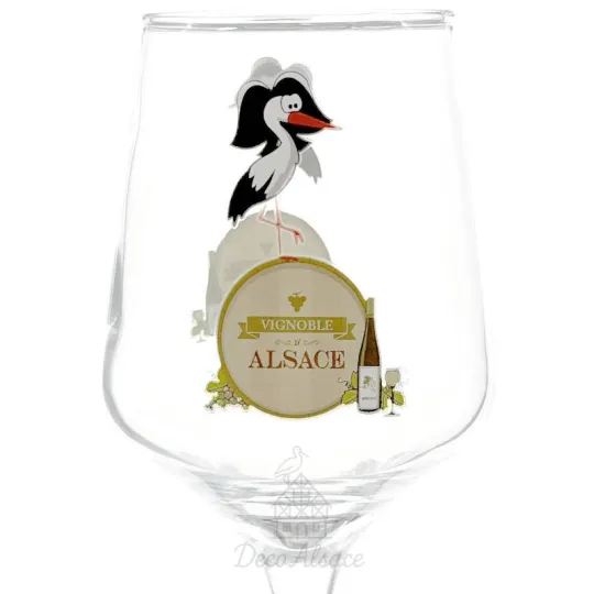 Verre à vin d’Alsace sérigraphié Cigogne humoristique & tonneau