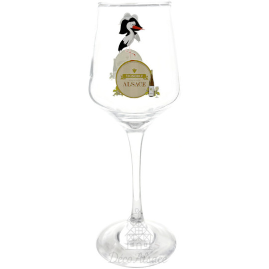 Verre à vin d’Alsace sérigraphié Cigogne humoristique & tonneau