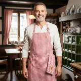 Red Gingham Adjustable Kitchen Apron with Gingerbread Man Design and Dishcloth