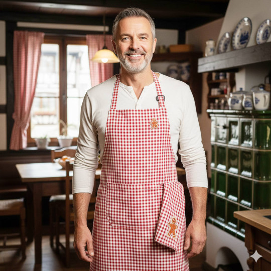 Tablier de Cuisine réglable Vichy rouge décor Bonhomme en Pain d'Épices avec Torchon