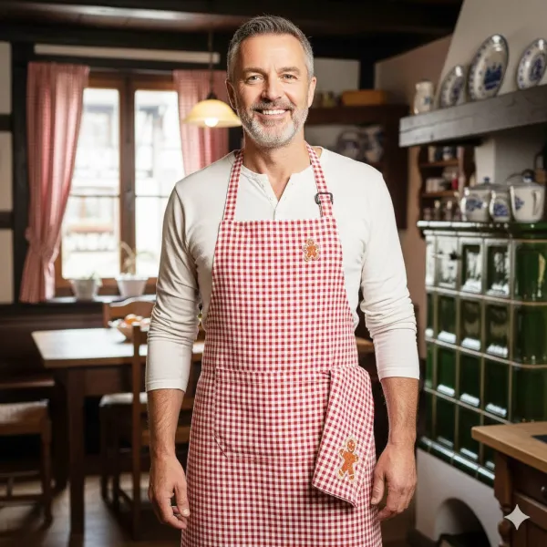 Tablier de Cuisine réglable Vichy rouge décor Bonhomme en Pain d'Épices avec Torchon
