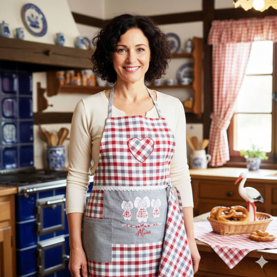 3 Alsatians Square Gingham Adjustable Kitchen Apron with Tea Towel