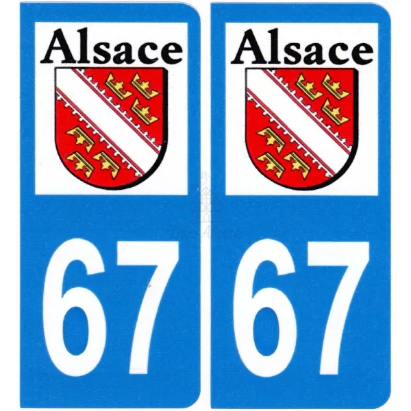 Jeu de 2 stickers plaques immatriculation 67 Alsace