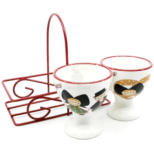 Set of 2 ceramic egg cups with Alsatian couple and pretzel design