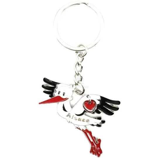 Sleutelhanger Ooievaar van de Elzas met Rood Emaille Hart in Metaal