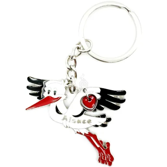 Porte-Clé Cigogne d'Alsace avec Cœur Rouge en Métal