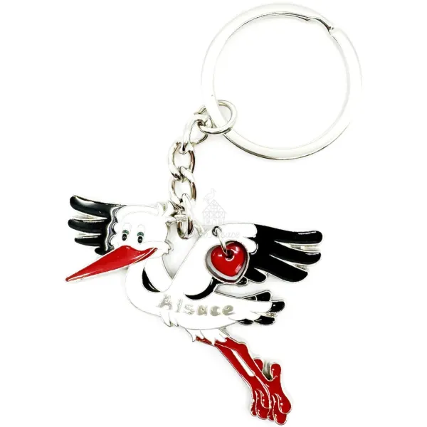 Alsace Stork Metal Keyring with Red Heart Charm