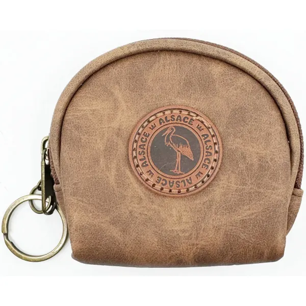 Porte-Monnaie Rond Cigogne d'Alsace en Simili Cuir Marron