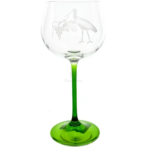 6 Rhine Crystal Wine Glasses engraved with Alsace Stork